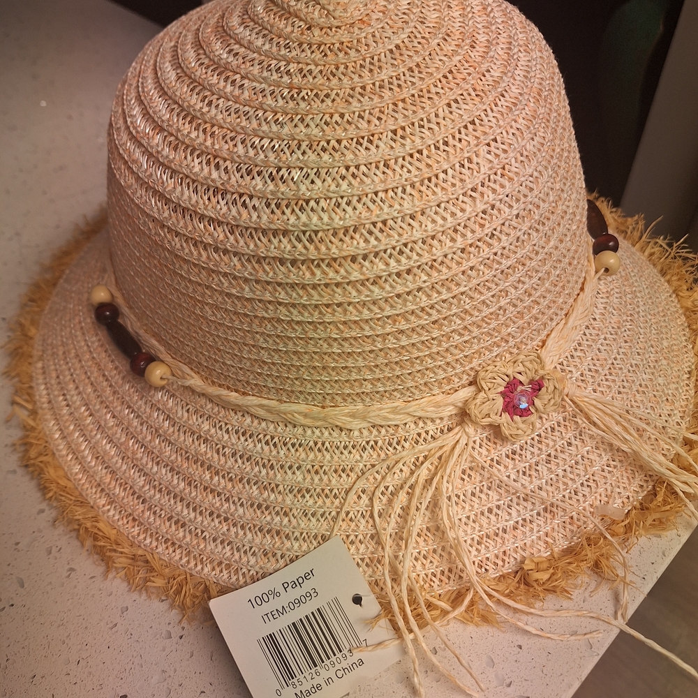 NWT Beige Straw Sun Hat with Beaded Band.